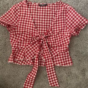 Short Sleeve Front Tie Plaid Ruffle Hem Top